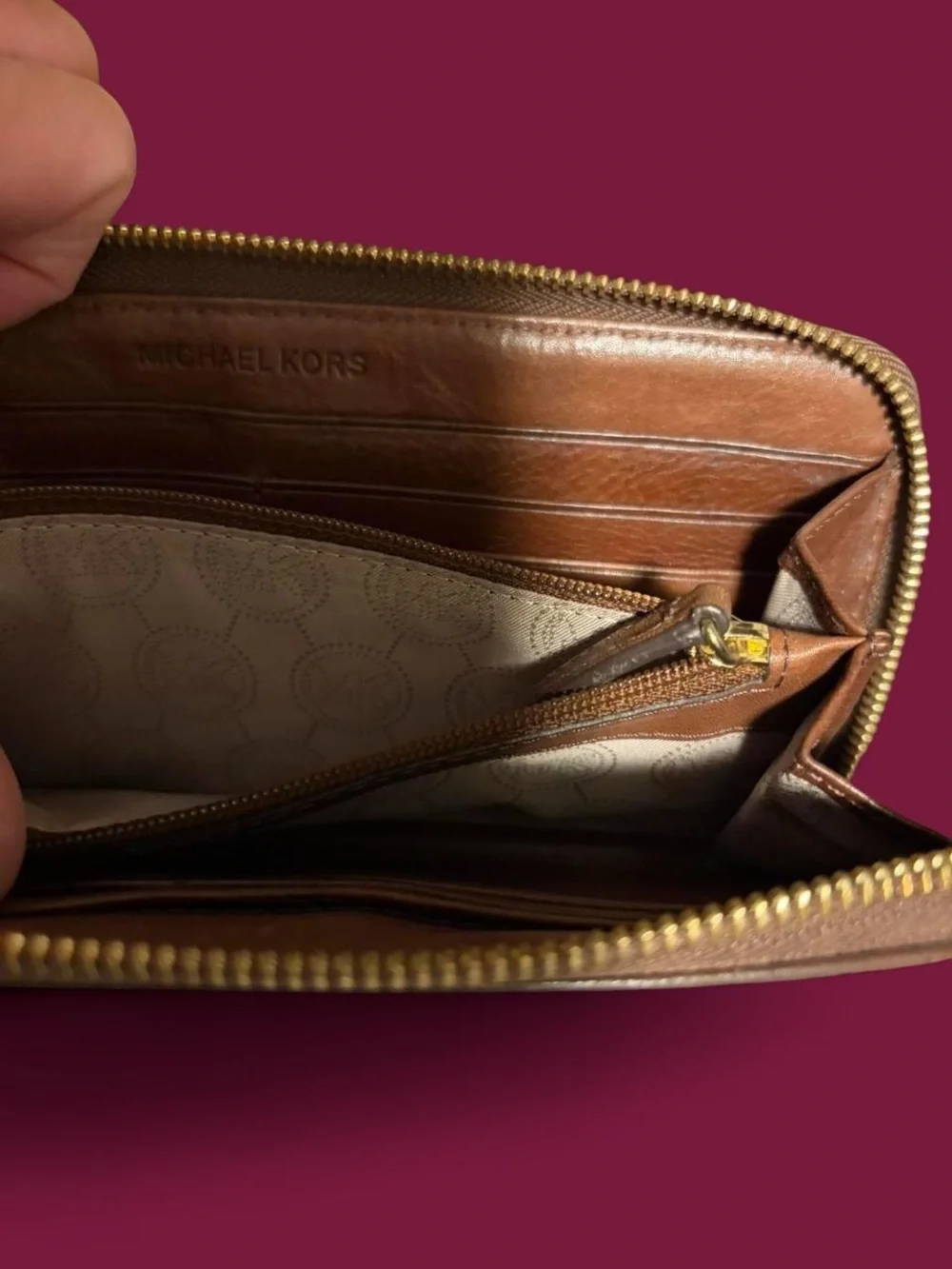 Michael Kors Beige Monogram Zip Wallet with Gold Plaque